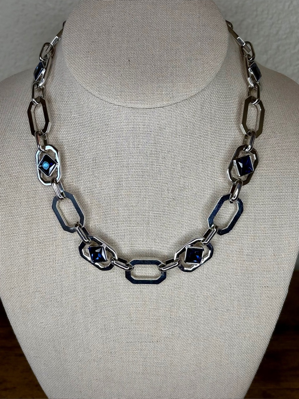 Ophelia Roe Silver-Tone Geometric Link Necklace Sapphire Blue Crystal Accents